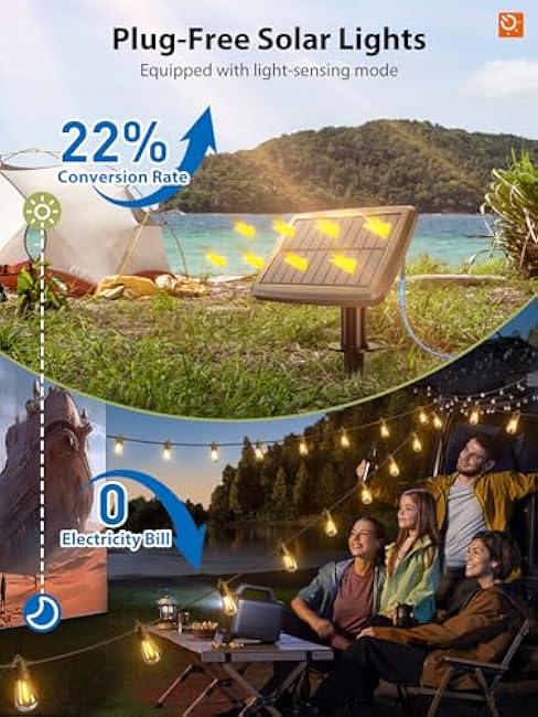 KYY 54FT Solar String Lights Outdoor Waterproof with USB Charging & Remote, Dimmable & Timable, Solar Powered Patio Lights with LED Shatterproof Bulbs for Deck Backyard Porch Garden Camping