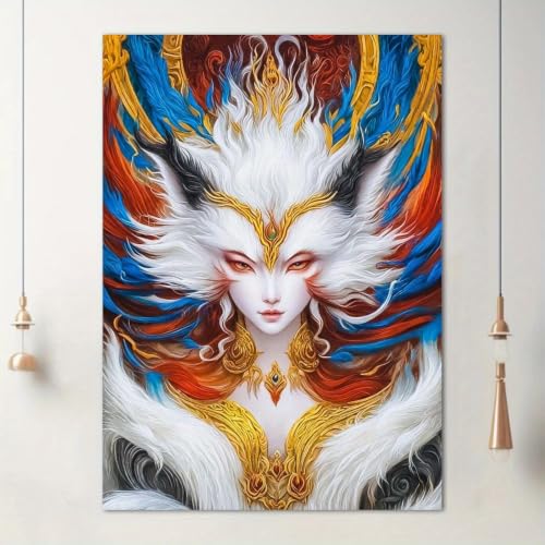 Cuadro anime chica zorro con plumas doradas, decoración de pared para sala de estar 2