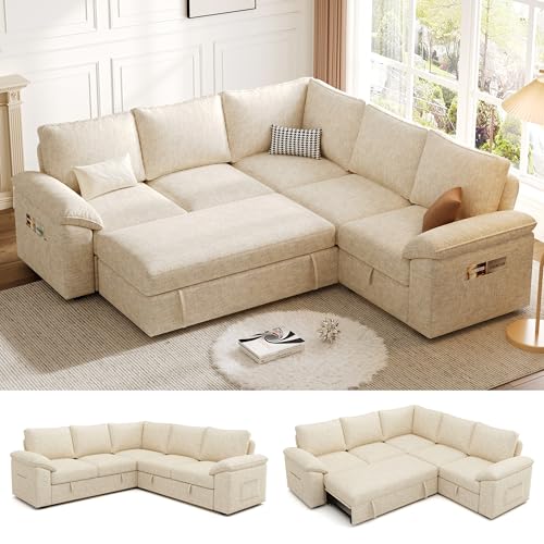 Image of 85'' Modular Sectional Sofa with Pull Out Bed, Sleeper Sofa, Beige | L Shaped 5 Seat Sectional Couches for Living Room, Cloud Modular Couch with Storage, Pull Out Couch, Removable Sofa Cover