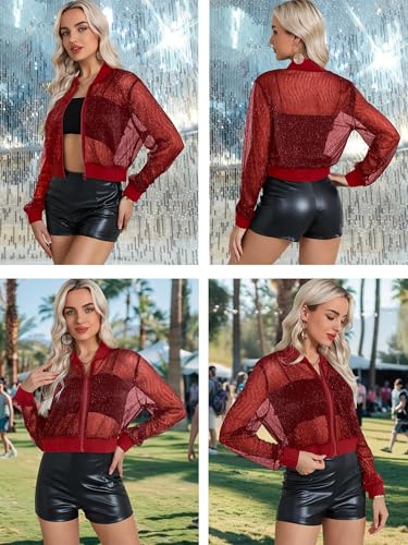 Nlife Women Sheer Mesh Sparkly Crop Bomber Jacket See Thru Glitter Rave Festival Clubwear Night Out Party Concert Outfit