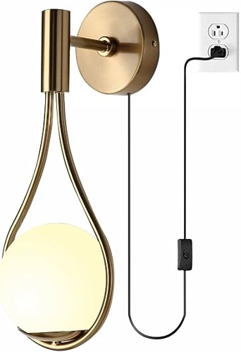 Mid Century Gold Globe Wall Lamp with Cord Modern Plug in Wall Sconce Brass Finish Wall Lighting Fixture for Bedroom Living Room Kitchen