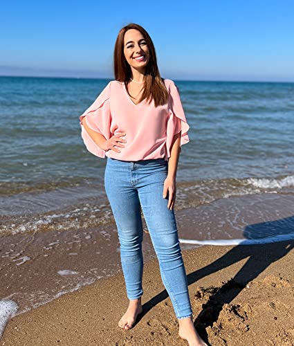 Funlingo Women's 3/4 Ruffled Sleeve Tops Dressy Casual Summer Chiffon Blouses Flowy Loose V Neck Shirts Pink X-Large #TOP4