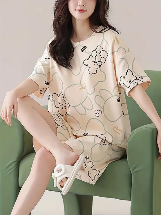 Image of Lunza Women's Cotton Pajama Set with Top & Pants|| Korean Night Suit|| Lightweight Printed Set || Soft & Comfy Sleepwear for Girls & Women