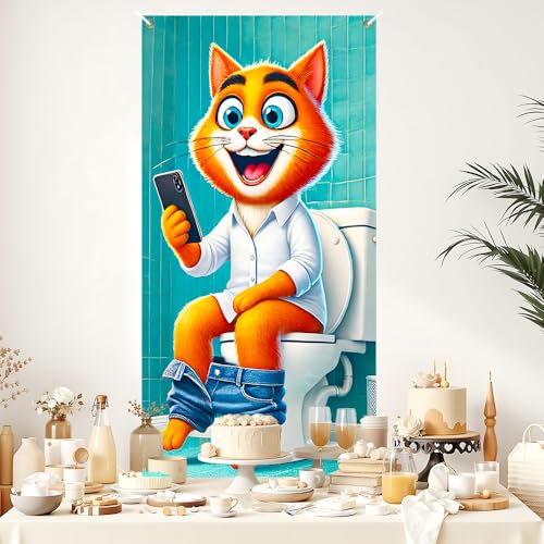 Image of Funny Cat Toilet Door Cover 35x71in Orange Tabby Humor