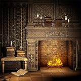Picture of Laeacco Fantasy Room Interior Backdrop 5x5ft Vinyl Photography Background Flame and Fireplace Magical Books Candle Retro House Background