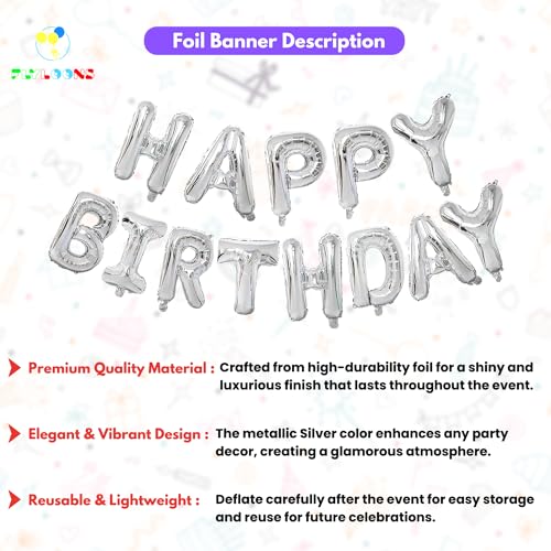 Image of Flyloons 13th Silver Happy Birthday Foil Balloon Set for 13 Year Old Boys Girls Teenage | with Number Thirteen | 13 Letters Reusable Happy Birthday Metallic Foil Balloons Decoration Kit,15 piece