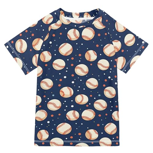 Cartoon Baseballs Dots Dark Blue Girls Bathing Suit UV Protection Girls Rash Guard Top Swimwears Tshirts for Teen Boys 11-12Y