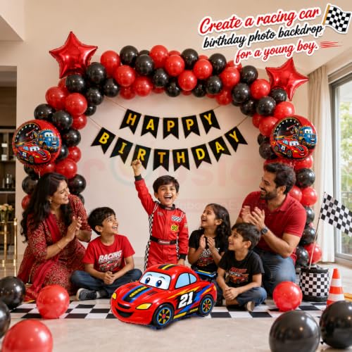 Image of Propsicle Car Theme Decoration for Birthday Kit for Boys Balloons & Banner | Car birthday decoration kit with race car foil balloons, 104 pcs red black metallic latex balloon arch for boys party decor