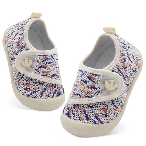 Image of FEETCITY Infant First Walker Shoes Wide Baby Walking Shoes Newborn Crib Shoes Lightweight Infant Sneakers Slip On Toddler Sneakers 6-12 Months Beige Blue