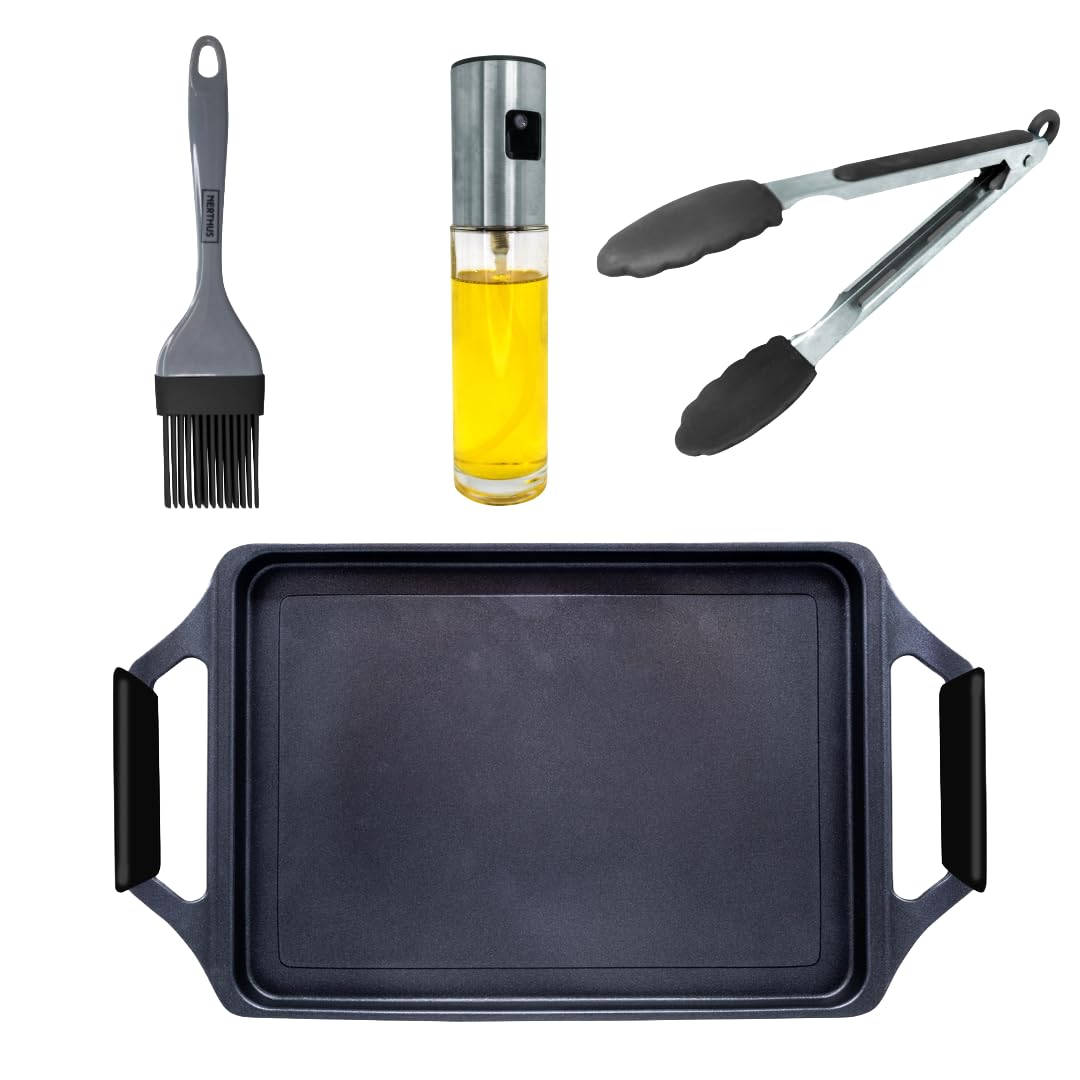 Nerthus FIH 1670 – Płyta Grillowa z Aluminium Quantanium PPG – Indukcja, Gaz i Płyta Ceramiczna – 43 Cm – Zestaw Ze Szczypcami, Pędzelkiem i Spray Oleju