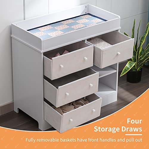 Baby Changing Table, Changing Table Dresser With Changing Top, 4 Drawers And 2 Shelves, Infant Baby Diaper Changing Station For Nursery Bedroom Living Room, Baby Storage Organizer (White) #TOP2