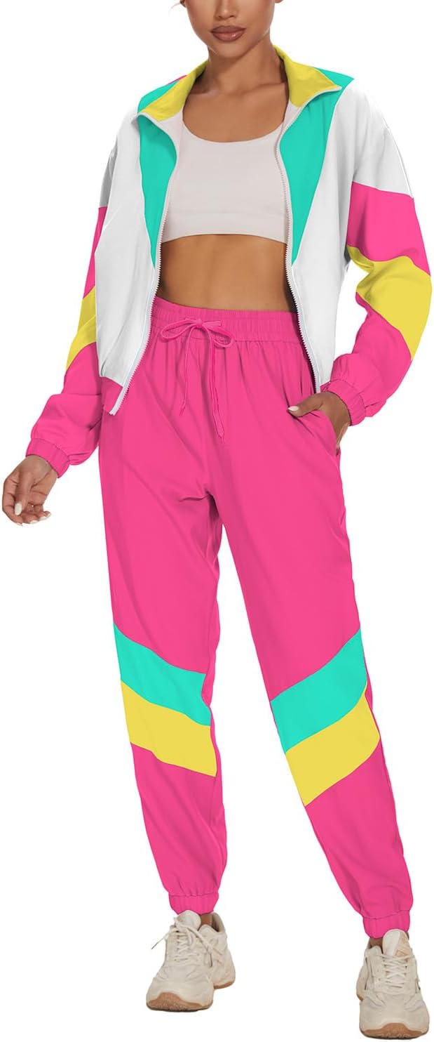 Women's Color Block 2 Piece 80s 90s Outfits Long Sleeve Windbreaker Jacket Tracksuit Set