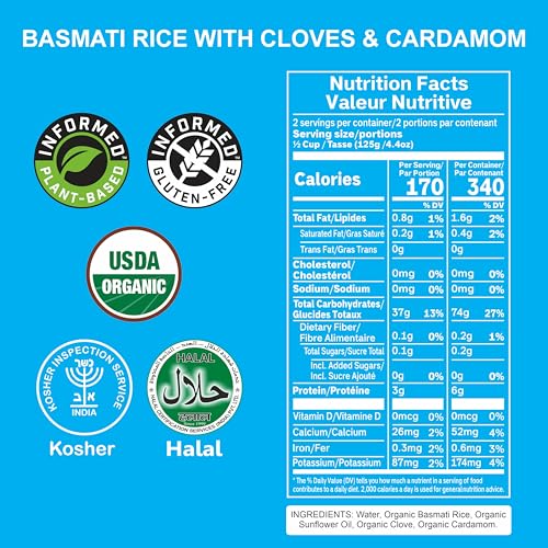 Reganic Organic Basmati Rice, Cloves & Cardamom Infused, Microwaveable, Ready in 60 Seconds, Pack of 6, Halal & Kosher Certified