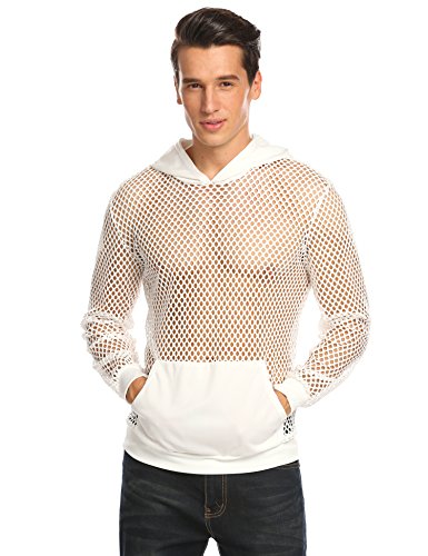COOFANDY Mens Long Sleeves Muscle See Through Sexy Mesh Transparent Shirt with Hoodie,White,Small