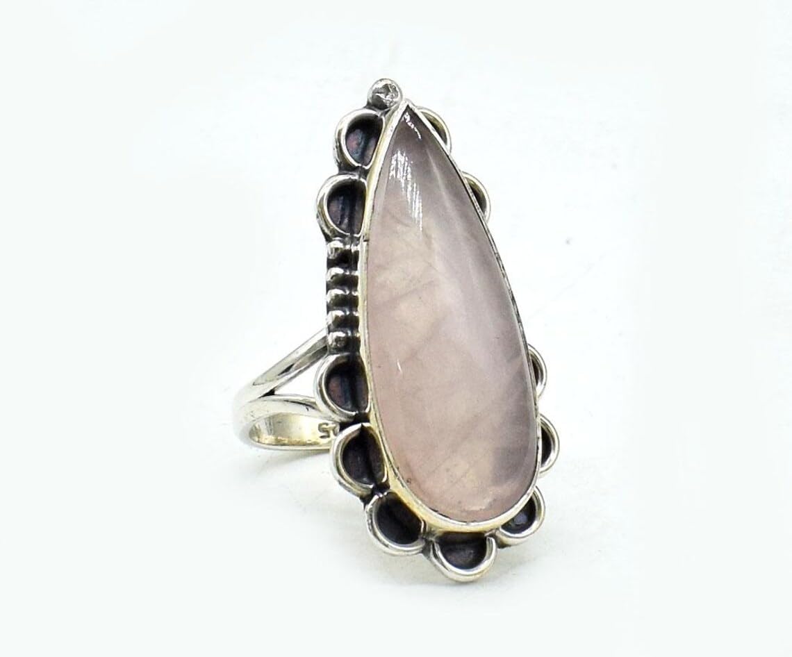Gemma Amor Natural Rose Quartz Ring, 925 Sterling Silver, Teardrop Shape, Vintage Bohemian Style, Handmade Statement Jewelry, Soft Pink Gemstone