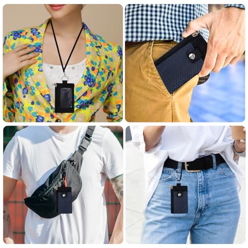 Image of MASAPHlL Small Lanyard Wallet for Women /Men with RFID Blocking ID Badge Holder, Minimalist Nylon Zipper Pouch, Travel Neck Wallet with Keychain, ID Window for Card,Coin,Cash (Dark Blue+Black)