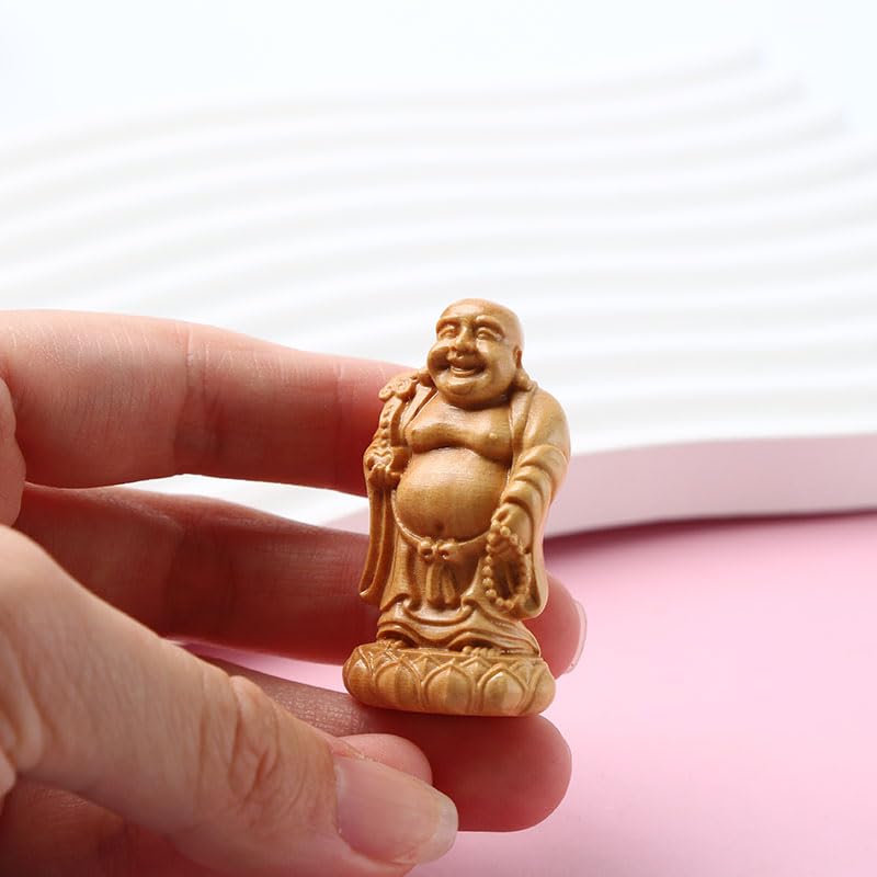 Estatua de Buda pequeña de madera tallada, 2 piezas miniatura 5