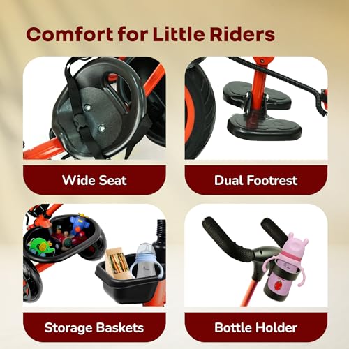 Image of R for Rabbit Tiny Toes R20 Plus Tricycle for Kids with Rubber Wheels, Adjustable Parental Control, Front & Rear Storage Basket | Baby Trike Cycle for 2 to 5 Year, Upto 25 Kgs Boy & Girl (Cherry Red)