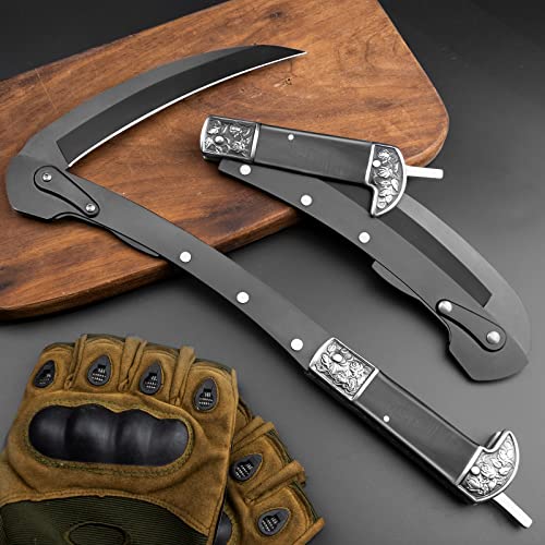 VALHALLA Folding Sickle, Black Sharp Folding Scythe with 2 Sections, Hand Sickle Knife Wooden Handle, Portable Safety Folding Sickle Knife with Sheath - Thumbnail 6
