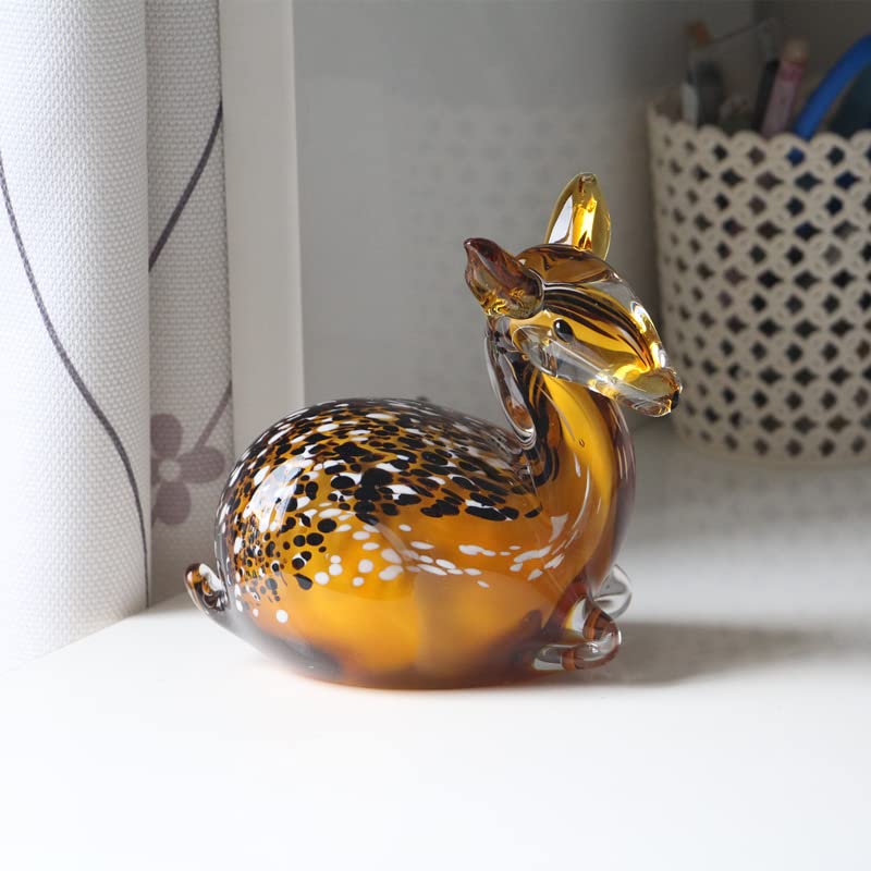 Glass Figurine Brown Sika Deer Handmade Blown Crystal Glass Paperweights Glaze Art for Table Ornaments Home Decor