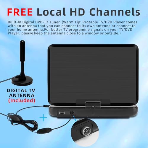 KCR Tragbarer DVD-Player, 25,7 cm (10,1 Zoll), eingebauter Fernseher DVB-T2 mit schwenkbarem LED-Bildschirm und/oder USB/HDMI/AV, wiederaufladbarer Akku und Dual-Stereo-Lautsprecher, kleiner Fernseher – Bild 4