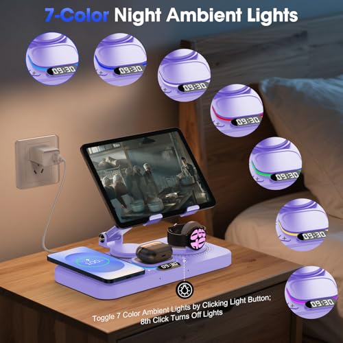 Image of 30W Tablet Wireless Charger for Samsung, Foldable Android Charging Station with Clock Display with 7-Color Light, Wireless Watch Charger for S25, Only Compatible Samsung Watch, Galaxy Buds3 Pro(Purple