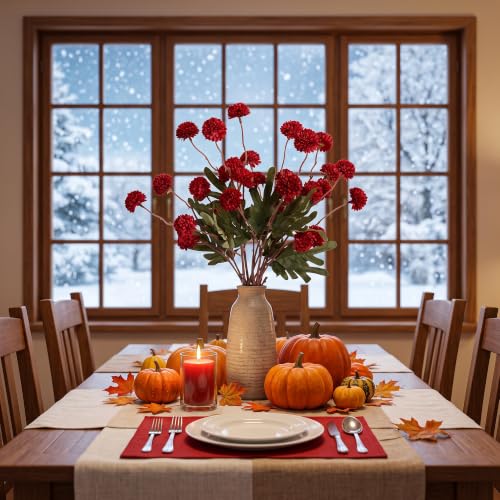 Artificial Fall Flowers Fake Silk Pompon Mums for Home, 6pcs Burgundy - image 2