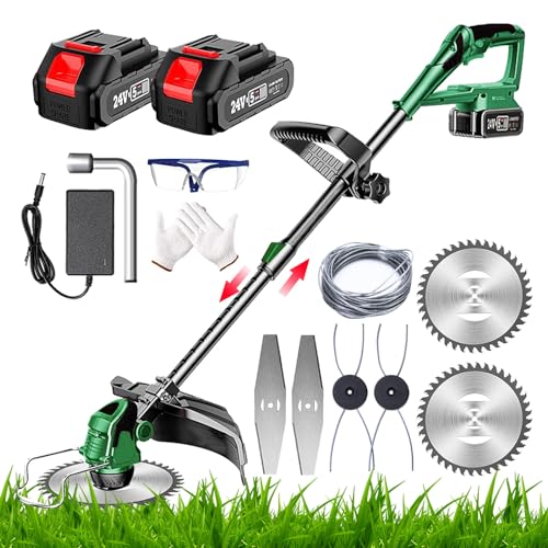 Desbrozadora Bateria 24V Cortabordes Bateria con 2 Baterías 2.0Ah, 3 Tipos de Cuchillas, Desbrozadora Electrica Cabezal Pivotante 90° para Jardín Poda, Green-G