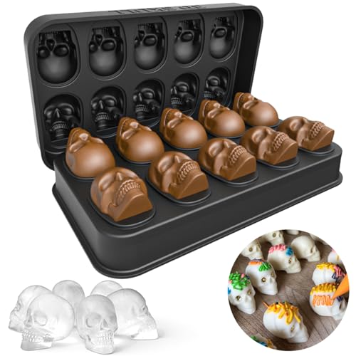 Spespo 3D Skull Ice Cube Tray with Lid,BPA Free Silicone Ice Cube Moulds Makes 10 Skulls,for Whiskey, Cocktail and Party Drinks Black