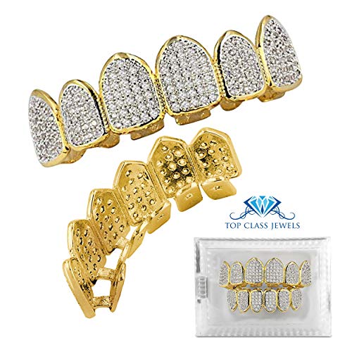 24K Plated Joker Gold Grillz for Mouth Top Bottom Hip Hop Teeth Grills for Teeth Mouth + 2 Extra Molding Bars, Storage Case + Microfiber Cloth (Gold Micropave 6 Tooth)