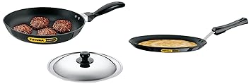 Hawkins Futura Non-Stick Frying Pan with Steel Lid, 26cm and Futura Non-Stick Flat Tawa, 26cm (Q46)