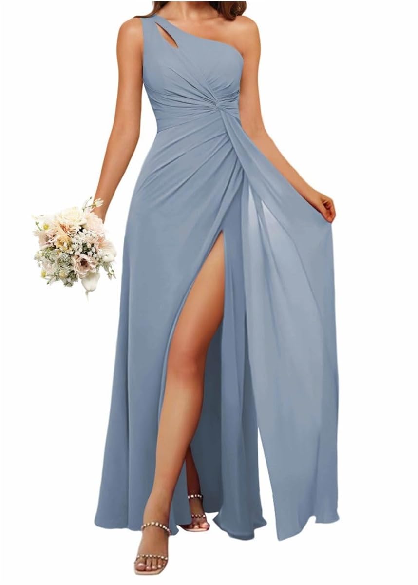 HPPEE One Shoulder Bridesmaid Dresses for Women Ruched Chiffon A Line Evening Formal Gown with Slit Dusty Blue UK12