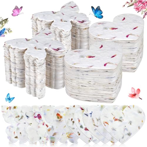 Dunzoom 200 Pcs Handmade Seed Paper Plantable Wildflower Seed Paper Recycled Flower Petals Tags Wedding Favors for Guests Craft Gifts Cards for Birthday Party 5 Styles(Heart & Butterfly)