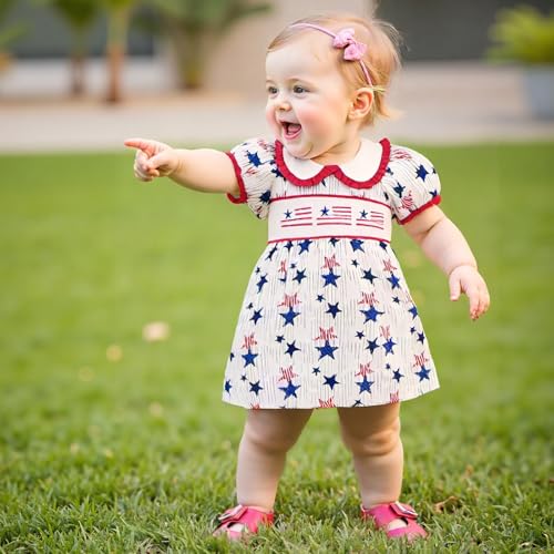 Kids Toddler Baby Girl 4th of July Outfit Star Short Puff Sleeve Doll Collar Smocked Dress American Flag Clothes3