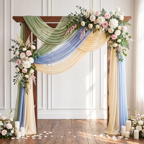 Image of Sage Green and Dusty Blue Wedding Arch Draping Fabric 3 Panels 2.46 x 20 FT Sheer Chiffon Backdrop in Blue, Green, and Champagne for Wedding Ceremony, Birthday, and Outdoor Party Decoration