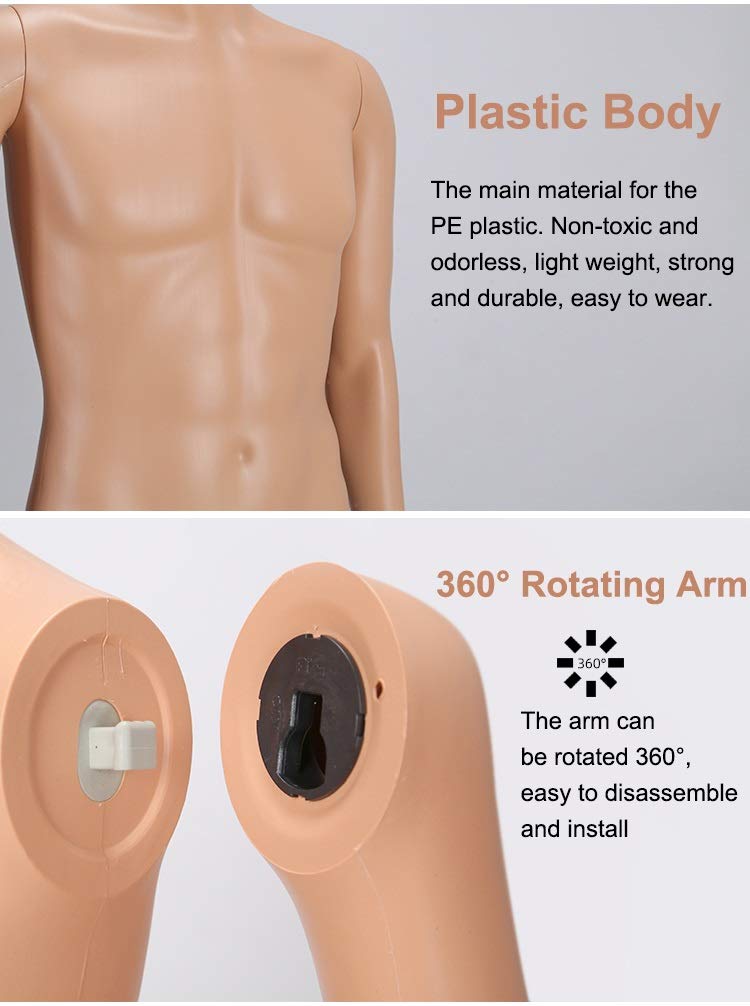 Torso di manichino maschio a metà corpo in plastica, manichino per uomo adulto con braccia staccabili, display modello manichino torso tono carne (dimensioni: 97-118 cm di altezza) Interessante (