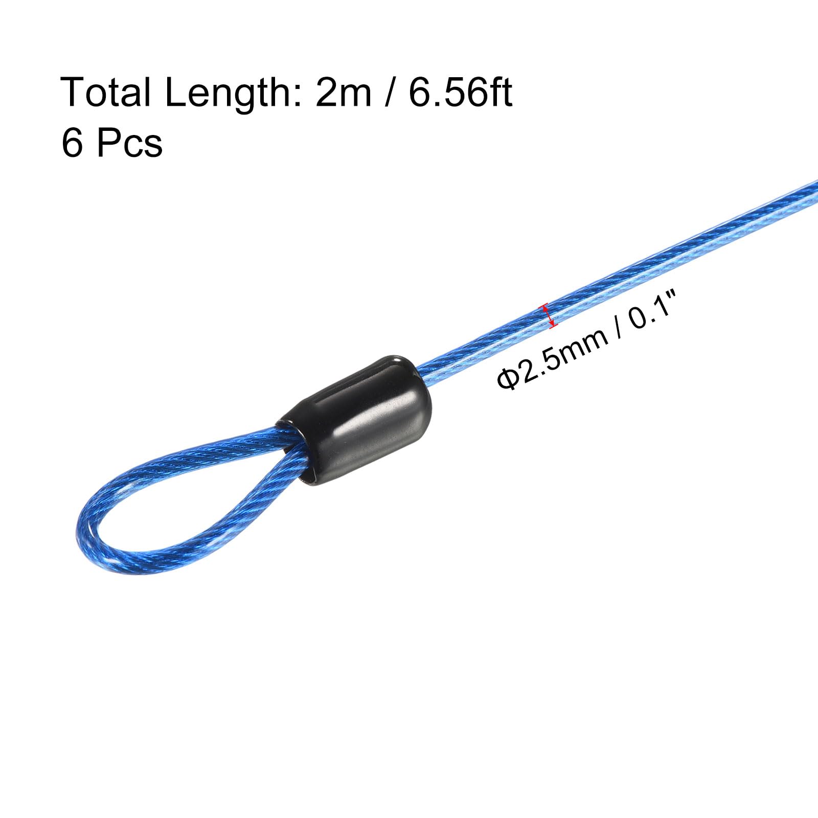 PATIKIL Security Cable 2.5mm x 2m/6.5ft, 6 Pack Coated Luggage Lock Wire Rope with Double Loop, Clear Blue