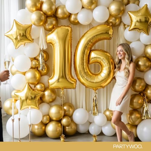 Image of PartyWoo Metallic Gold Number 6 Balloon 40 Inch 25pcs Gold Foil Star White