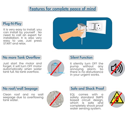 Image of EQL Water Level Controller Automatic motor cut OFF for water tank overflow auto cut & stopper, Auto cut off switch for water tank motor pump and submersible pump, Tank overflow stopper