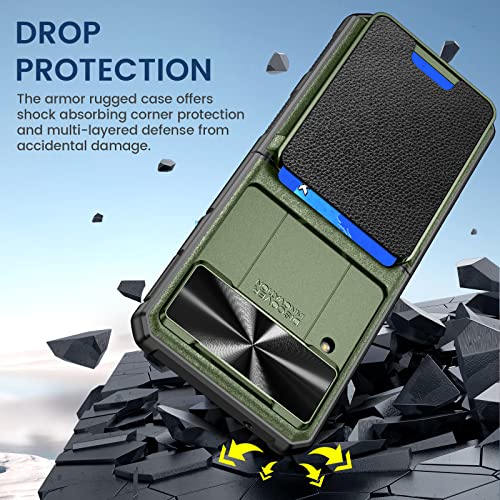 Vego For Galaxy Z Flip 4 Case With Card Holder, Hinge Protection & Slide Camera Cover & Removable Card Slot, Military Grade Heavy Duty Protective Wallet Case For Samsung Galaxy Z Flip 4 5G - Green #TOP7