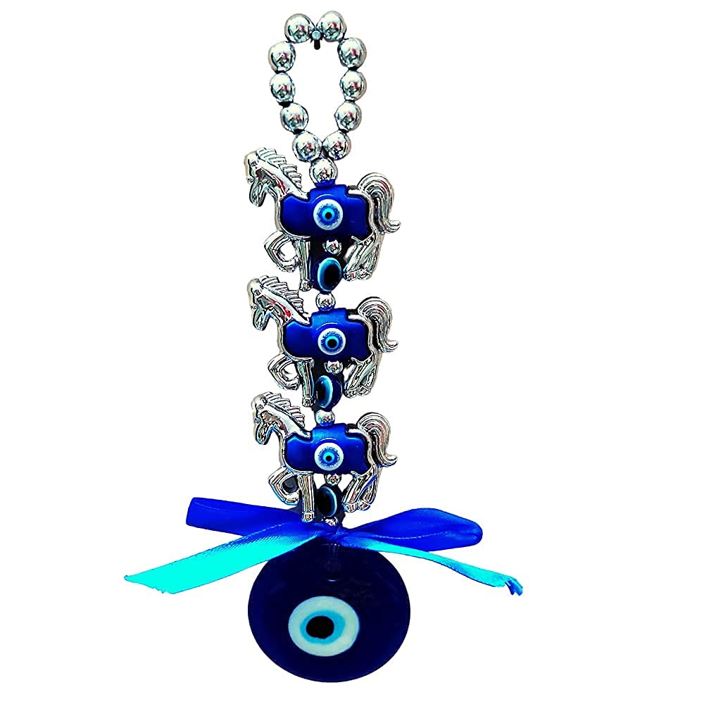 Ripe India® L Glass Feng Shui 3 Horse Evil Eye Wall and Car Hanging (Blue 5 Cm X 5 Cm X 18 Cm