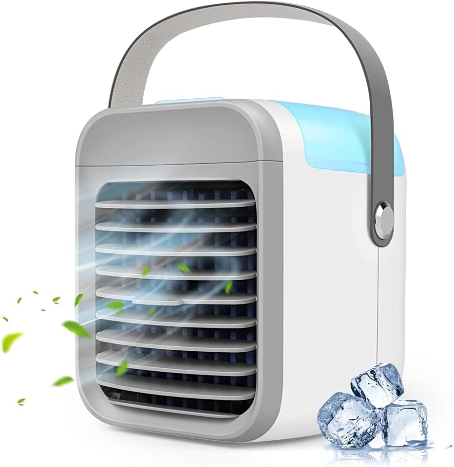 2021 Latest Personal Air Cooler, 4 in 1 Air Space Conditioner,Portable Air Conditioner with Handle, 3 Speed, 7 LED Lights, Mini Cooling Desktop Fan for Home, Office and Room (White)