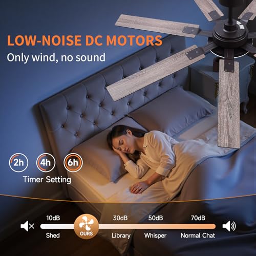 Image of 64 Inch Ceiling Fans with Lights and Remote, Bedroom Living Room Office Library Cafe Outdoor Industrial, 5CCT Dimmable, Dual Color 7 Blades, 6 Speed Reversible Quiet DC Motor, Brown /Wood Grain