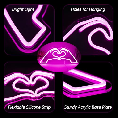 Heart Hands Neon Sign, Pink Room Decor, 15.75 inches Dimmable USB Powered Led Wall Art Decor, Music Merch Gifts for Girls Boys, Fans, Music Lover, Party, Christmas, Birthday(Pink) by JHFart - Used condition - Image 3