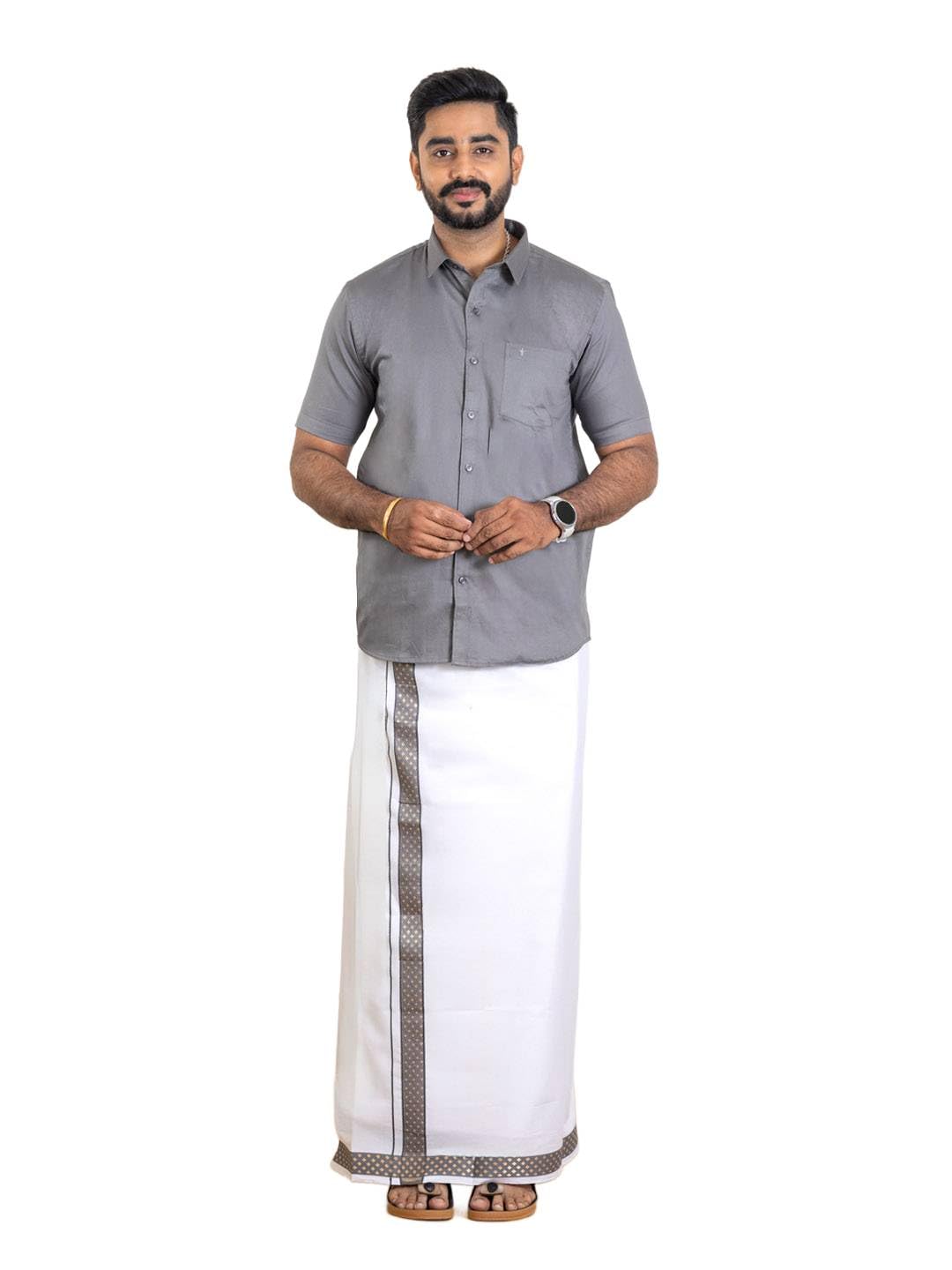 ramraj cotton Men Premium Cotton Half Sleeves Shirt and Fancy Border Dhoti Set Luxe Set-picture-35