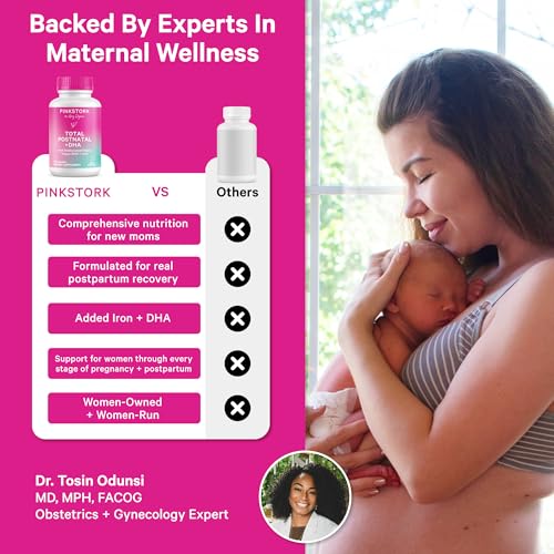 Image of Pink Stork Total Postnatal Vitamins for Women | Vegan DHA, Iron, Folate, B12 | Postpartum Recovery Essentials | Lactation Support for Breastfeeding Moms | Clean Label Award Winner - 60 Capsules, Mint