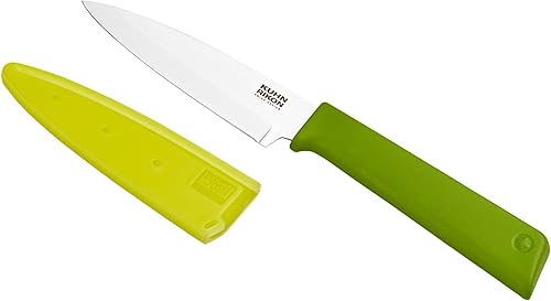 Kuhn Rikon Cuchillo de pelar recto antiadherente con funda de seguridad, hoja de 4.0in, color verde