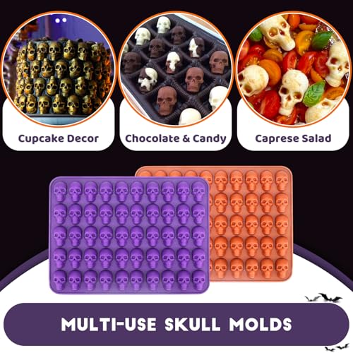 Image of Mini Skull Molds Silicone Halloween for Candy Gummy Chocolate, 200 Cavity 4 pcs Small Head Shapes Freezing Tray Party Wax Melts DIY Moulds BPA Free Treat or Trick Kids Oven Safe