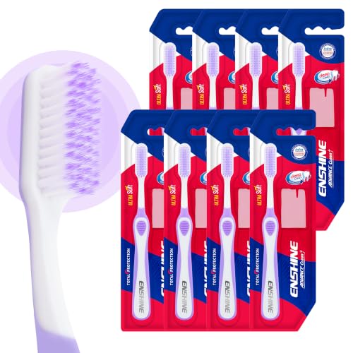 Image of Enshine Advance Clean+ Soft Toothbrush for Adults - Pack of 8 | Ultra Soft Tapered PBT Bristles | Tooth Brush Set with Non-Slip Grip | Manual Toothbrushes for Sensitive Gums & Enamel | Color Purple