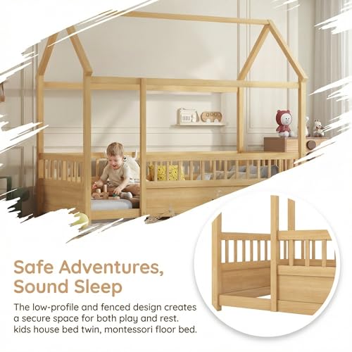 Image of Bellemave Kids Full Size Floor Bed with House Roof Frame and Safety Fence, Wooden Montessori Bed, Low Profile Playhouse Bed for Boys Girls Bedroom (Natural)
